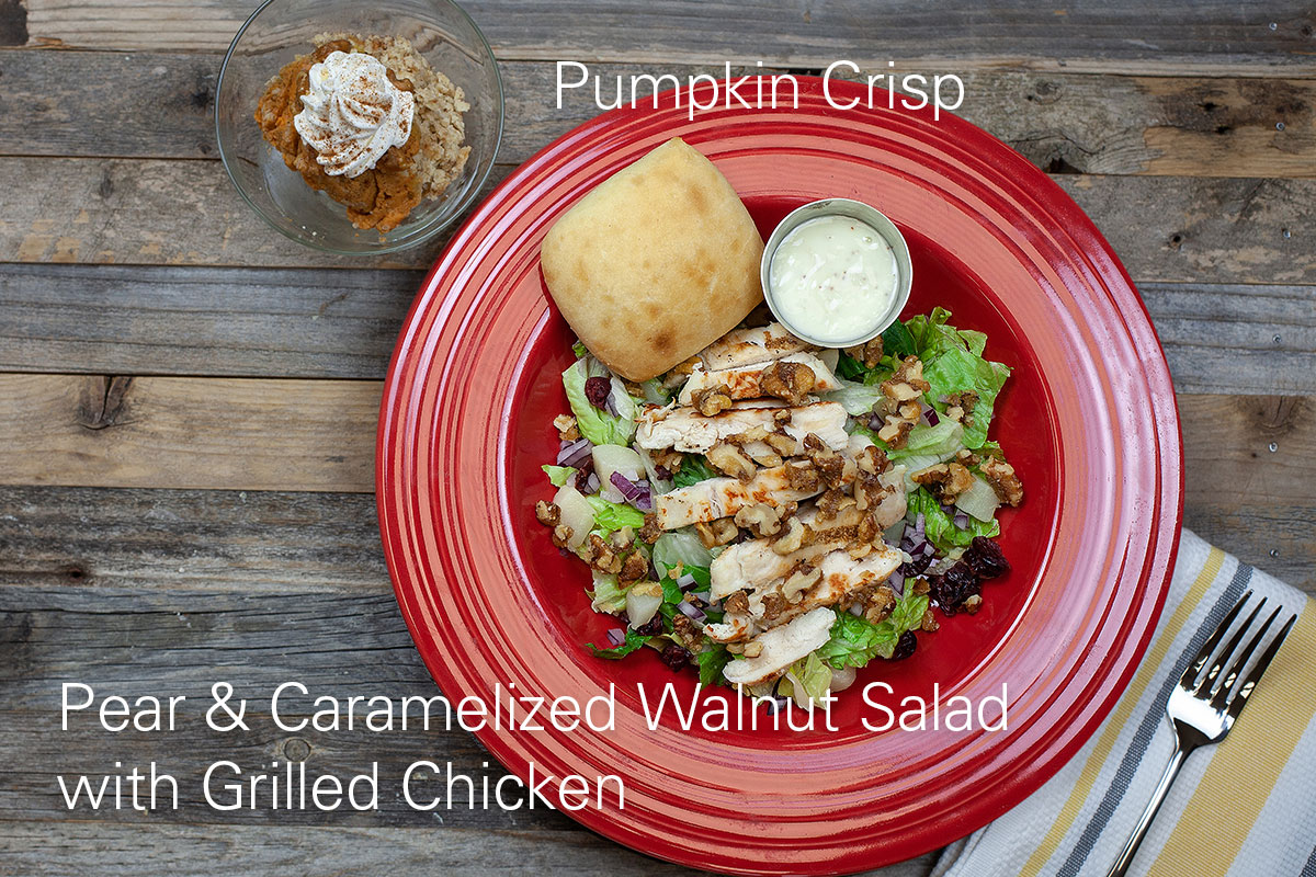 Pear & Caramelized Walnut Salad with Grilled Chicken and Pumpkin Crisp